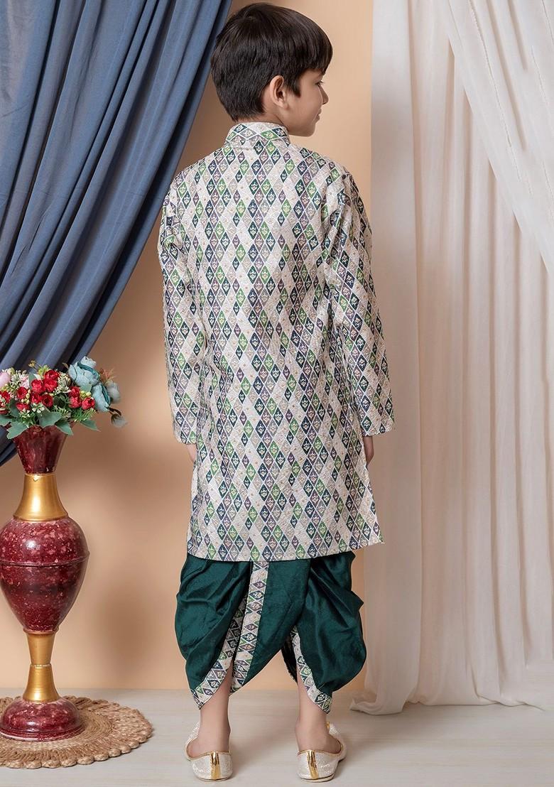 Beige Embroidered Silk Kurta Dhoti Set For Boys - Indya
