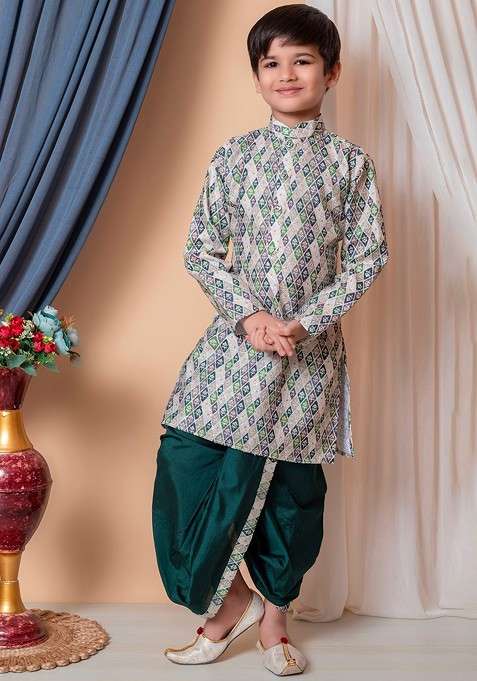Beige Embroidered Silk Kurta Dhoti Set For Boys