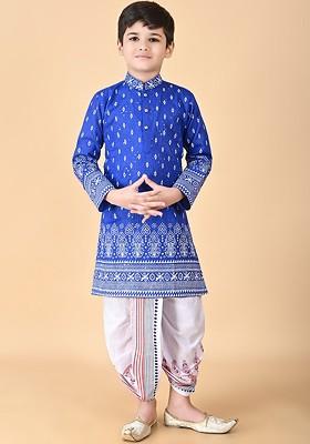 Blue Embroidered Blended Kurta Dhoti Set For Boys