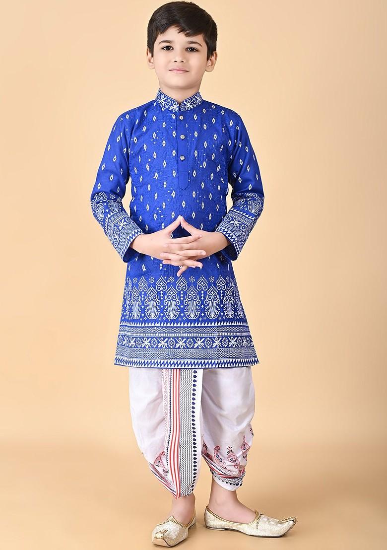Blue Embroidered Blended Kurta Dhoti Set For Boys - Indya