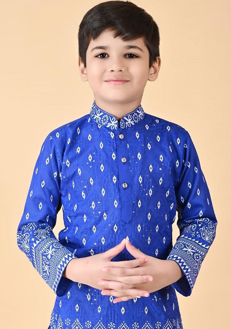Blue Embroidered Blended Kurta Dhoti Set For Boys - Indya