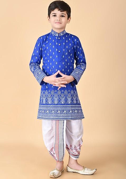 Blue Embroidered Blended Kurta Dhoti Set For Boys — view on Indya