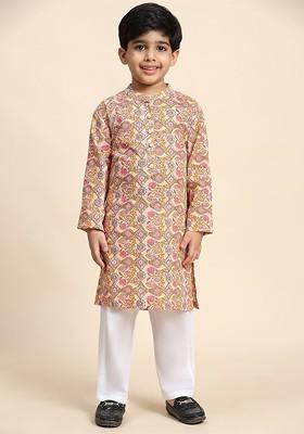 Beige Printed Cotton Kurta Set For Boys