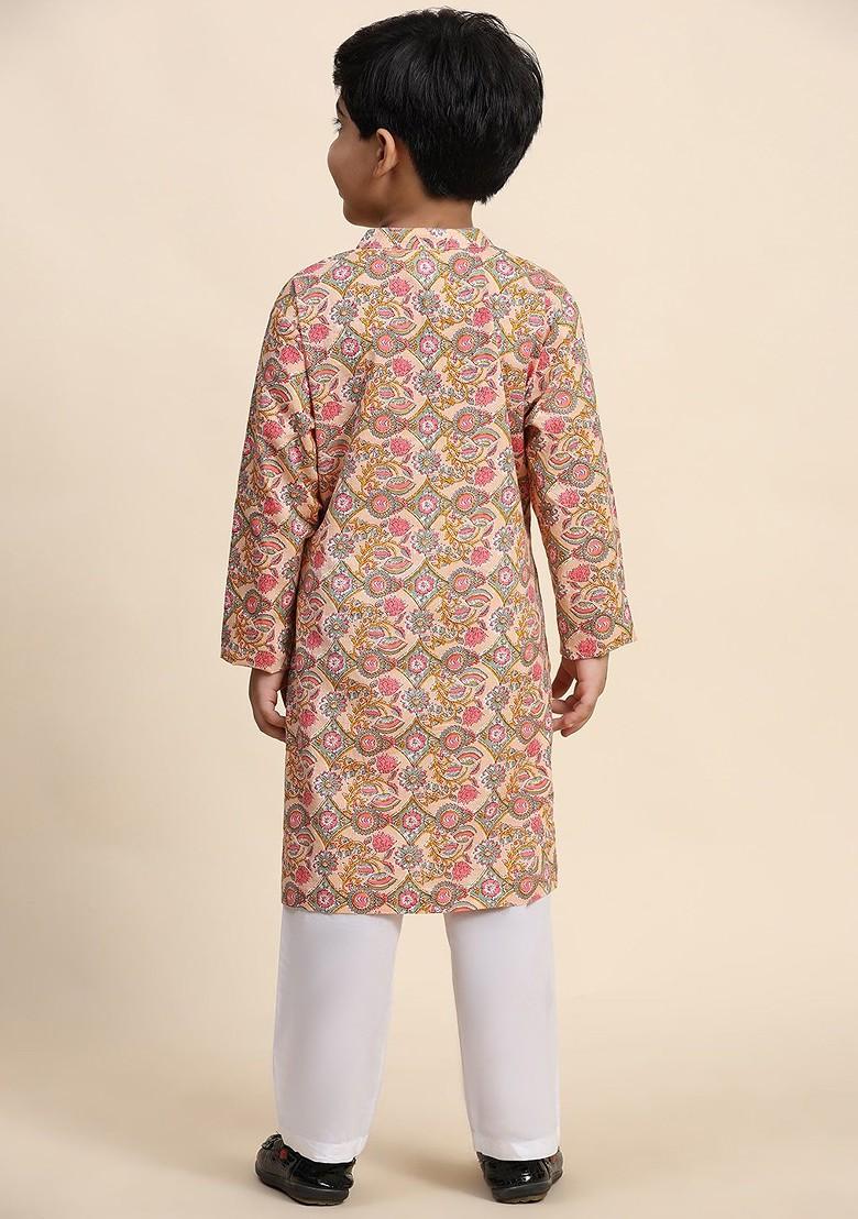 Beige Printed Cotton Kurta Set For Boys - Indya