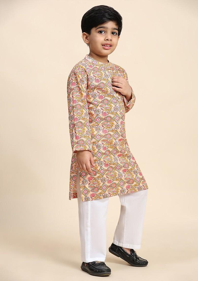 Beige Printed Cotton Kurta Set For Boys - Indya