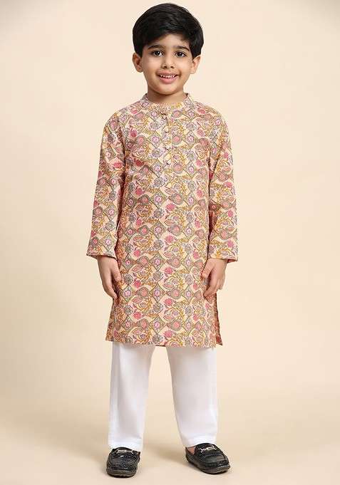 Beige Printed Cotton Kurta Set For Boys