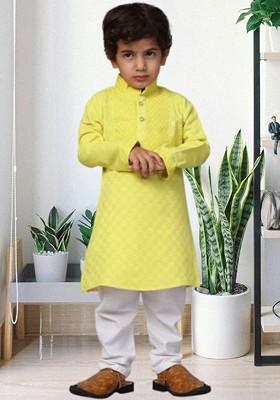 Lime Green Printed Blended Kurta Set For Boys