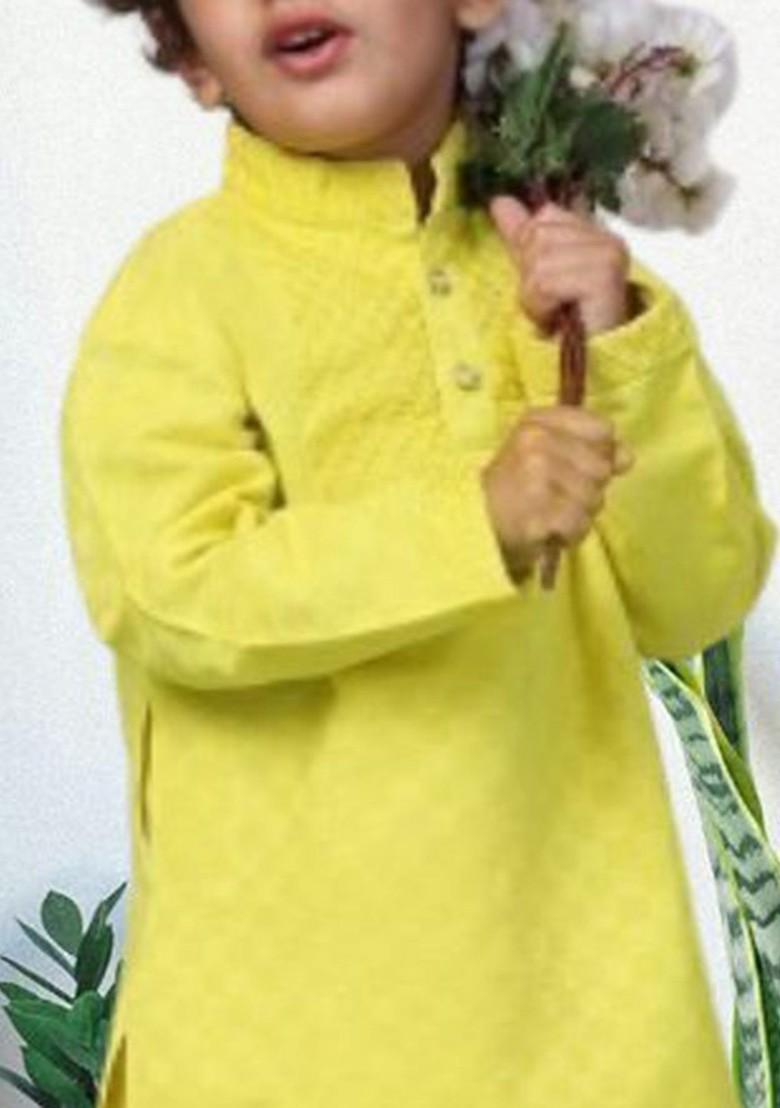 Lime Green Printed Blended Kurta Set For Boys - Indya