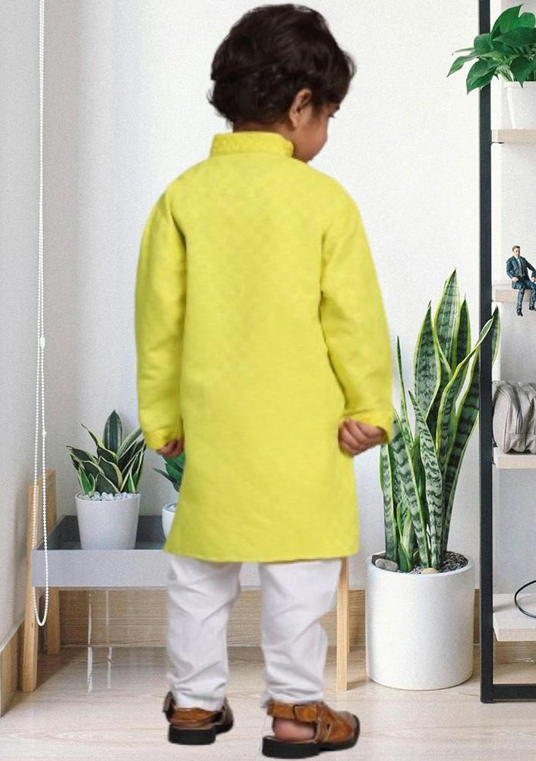 Lime Green Printed Blended Kurta Set For Boys - Indya