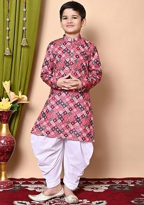 Red Embroidered Blended Kurta Set For Boys
