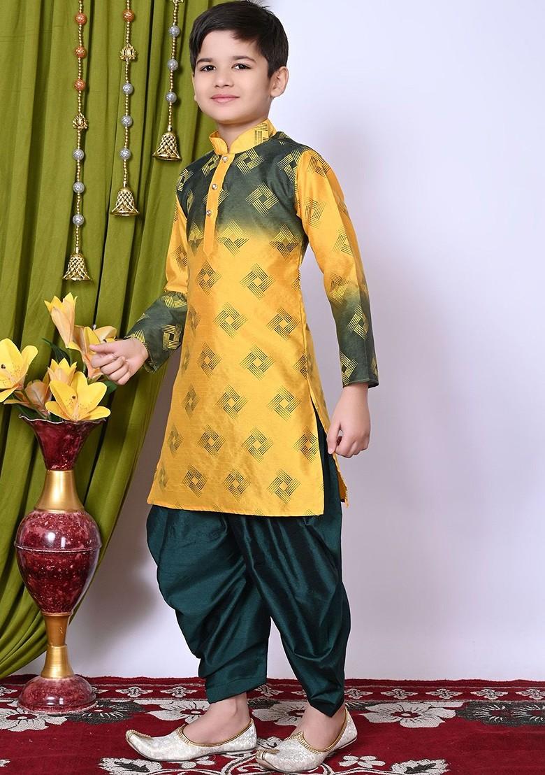 Yellow Printed Silk Kurta Set For Boys - Indya