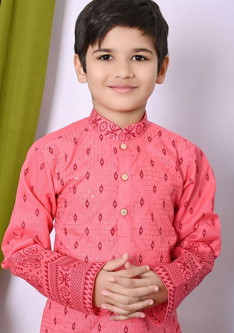 Orange Embroidered Blended Kurta Set For Boys - Indya