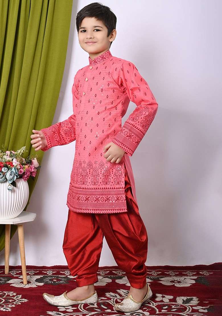 Orange Embroidered Blended Kurta Set For Boys - Indya