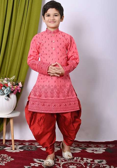 Orange Embroidered Blended Kurta Set For Boys