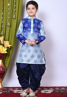 Turquoise Blue Printed Silk Kurta Set For Boys