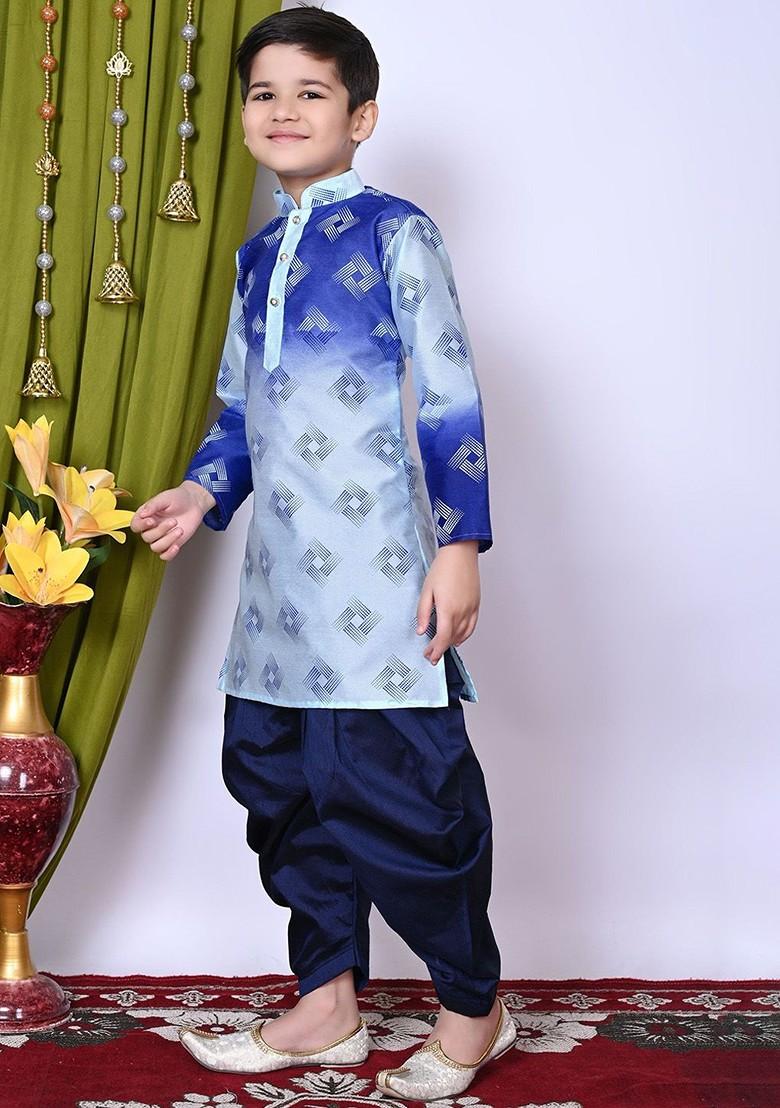 Turquoise Blue Printed Silk Kurta Set For Boys - Indya