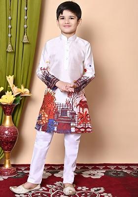 White Printed Silk Kurta Set For Boys