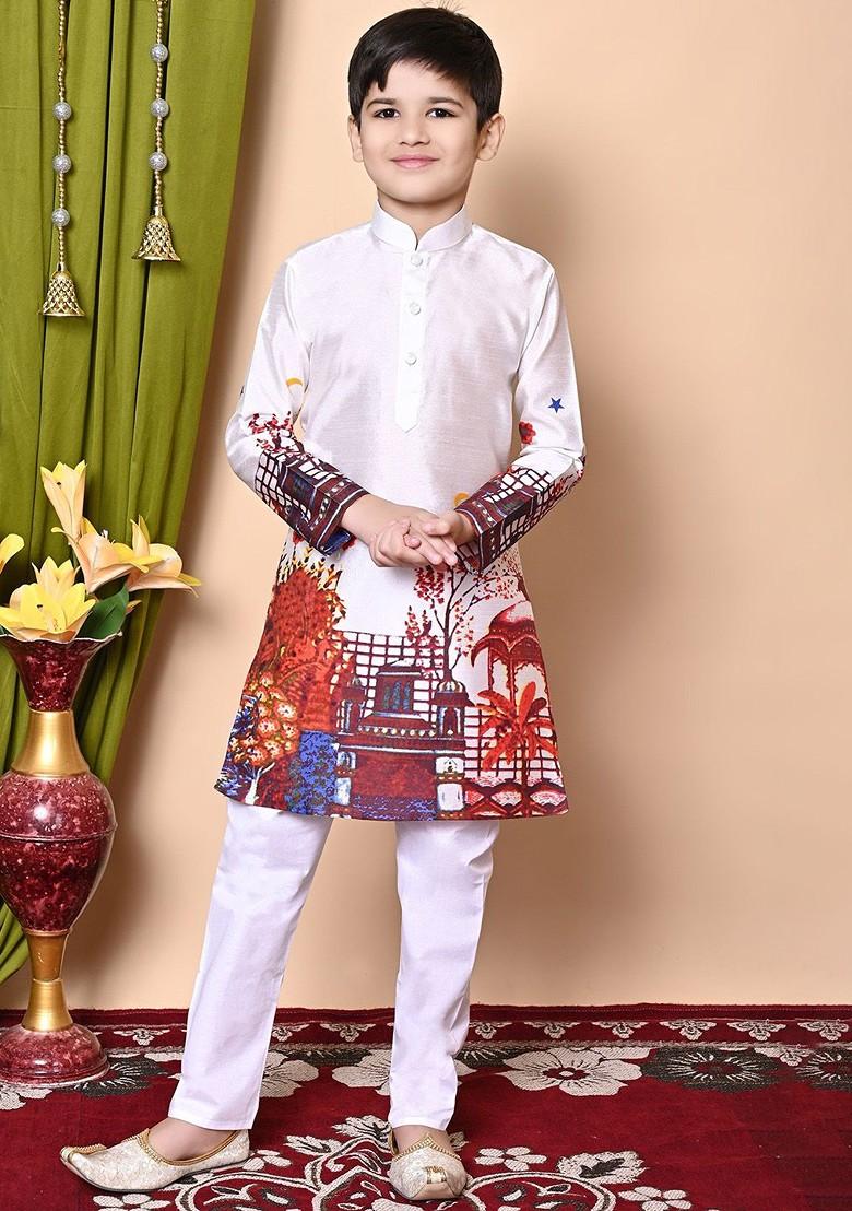 White Printed Silk Kurta Set For Boys - Indya