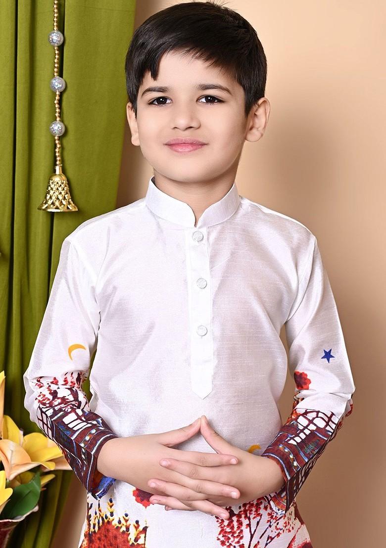 White Printed Silk Kurta Set For Boys - Indya