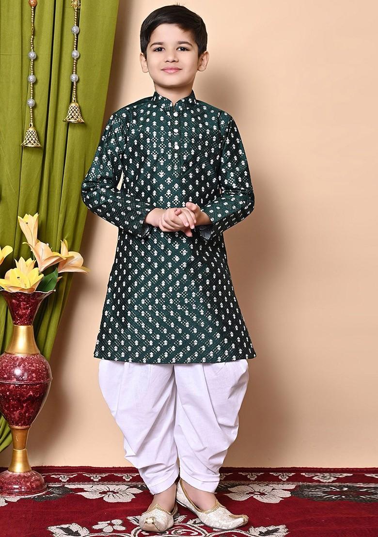 Green Embroidered Silk Kurta Set For Boys - Indya