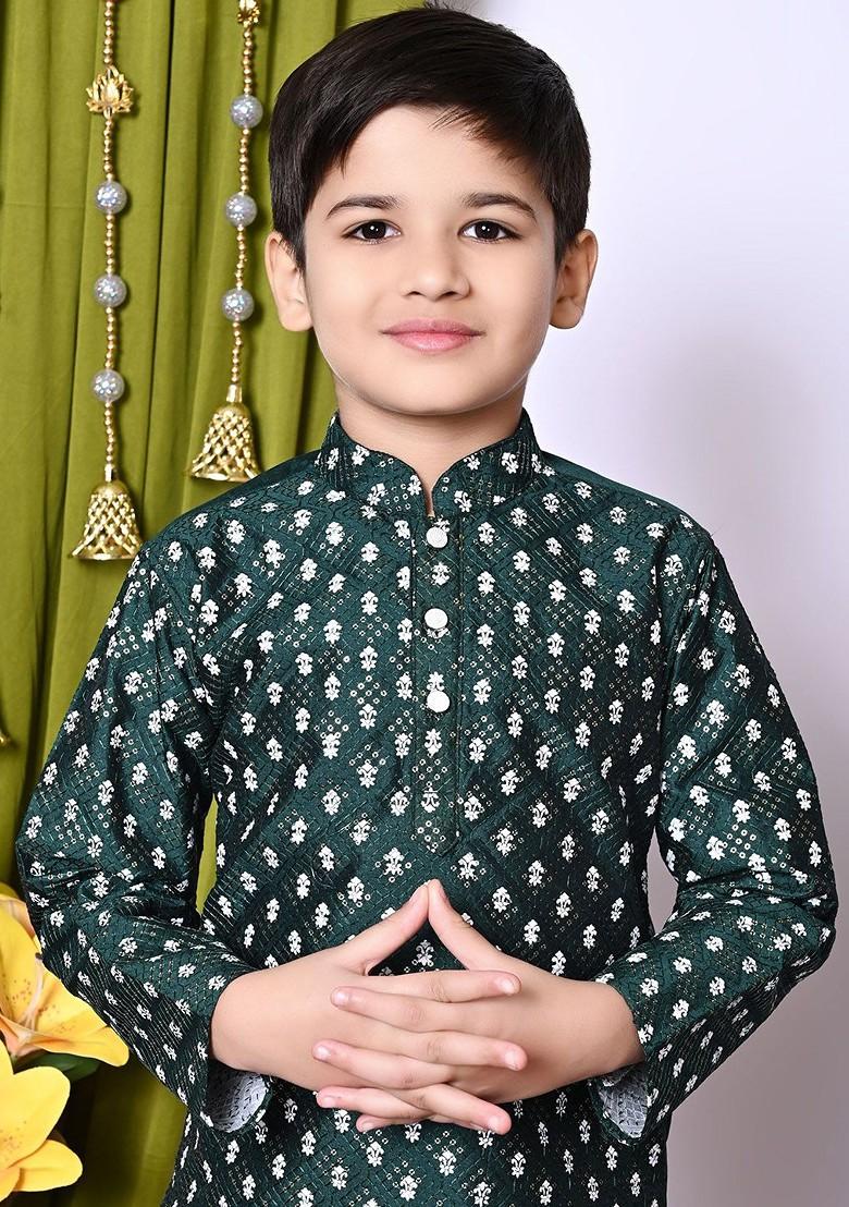 Green Embroidered Silk Kurta Set For Boys - Indya