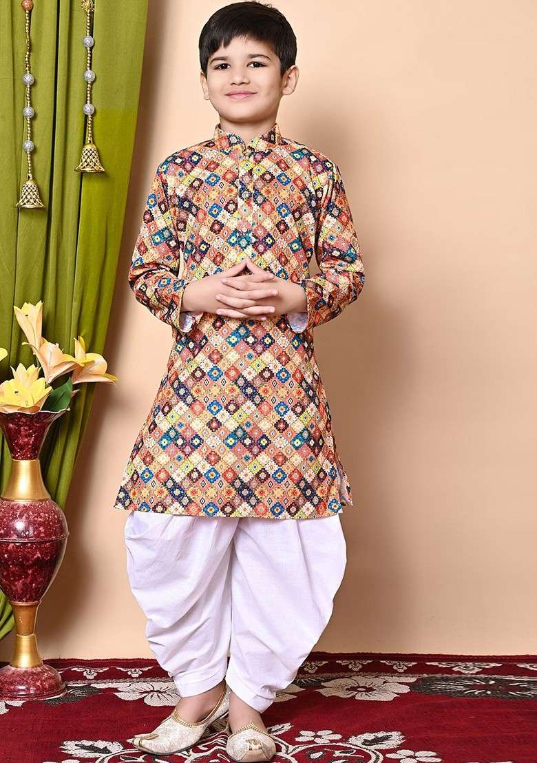 Brown Embroidered Blended Kurta Set For Boys - Indya