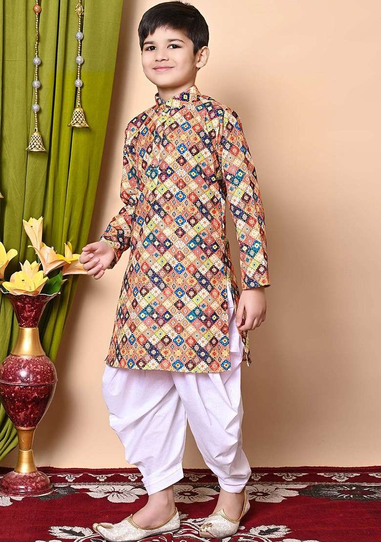 Brown Embroidered Blended Kurta Set For Boys - Indya