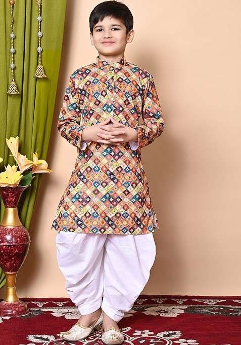 Brown Embroidered Blended Kurta Set For Boys