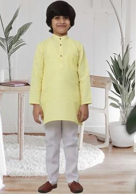 Lime Green Embroidered Blended Kurta Set For Boys