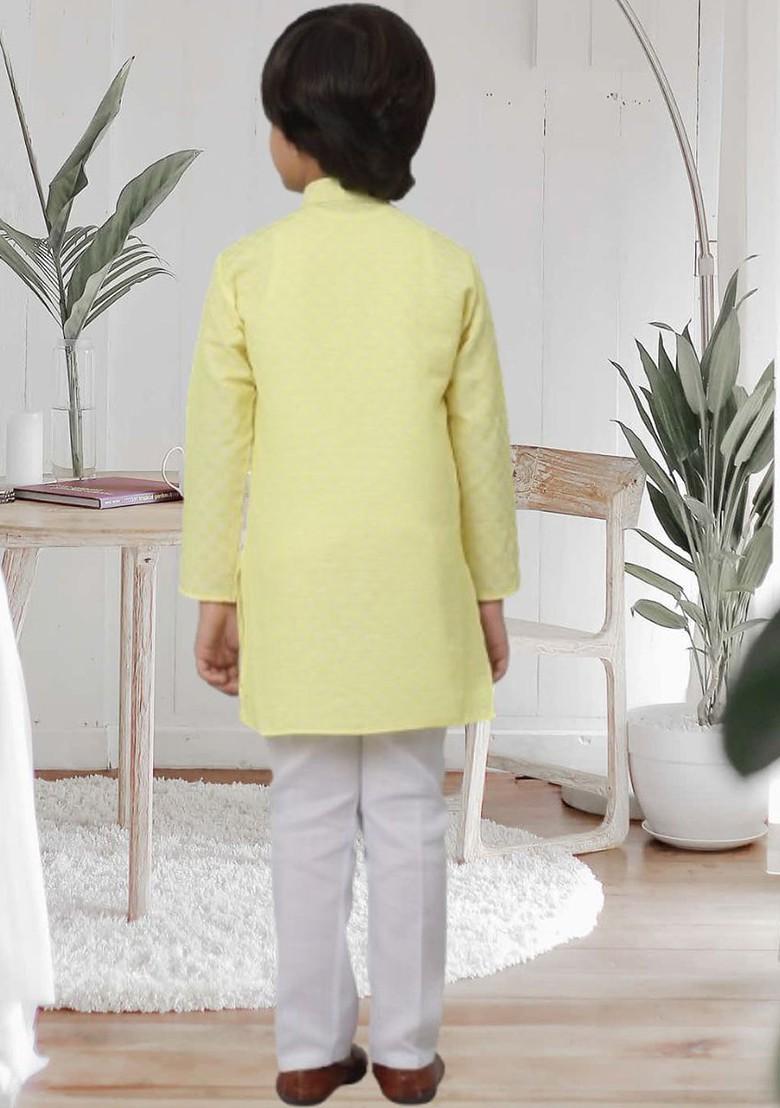 Lime Green Embroidered Blended Kurta Set For Boys - Indya