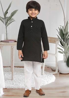 Black Printed Blended Kurta Set For Boys