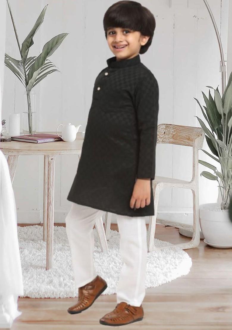 Black Printed Blended Kurta Set For Boys - Indya