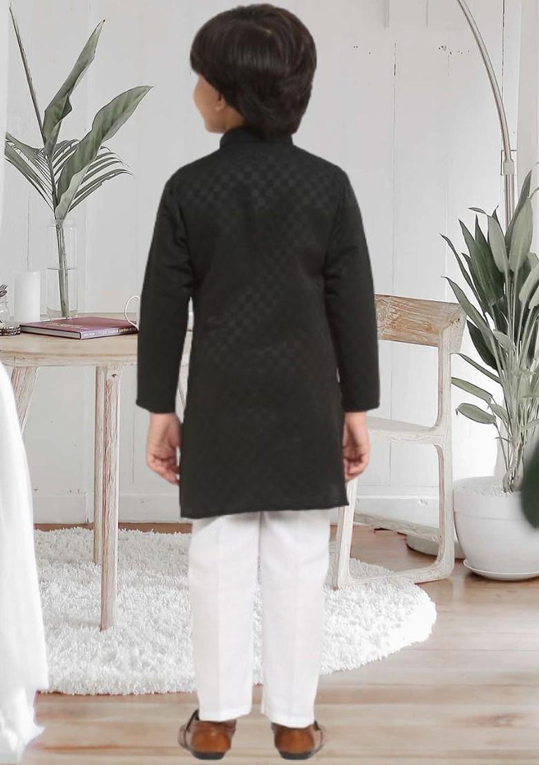 Black Printed Blended Kurta Set For Boys - Indya
