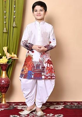 White Printed Silk Kurta Set For Boys
