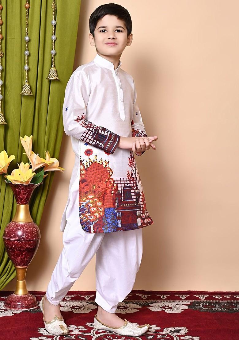 White Printed Silk Kurta Set For Boys - Indya