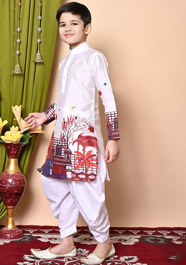 White Printed Silk Kurta Set For Boys - Indya