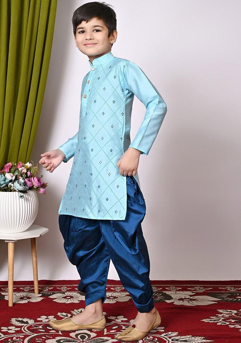 Turquoise Blue Embroidered Silk Kurta Set For Boys - Indya