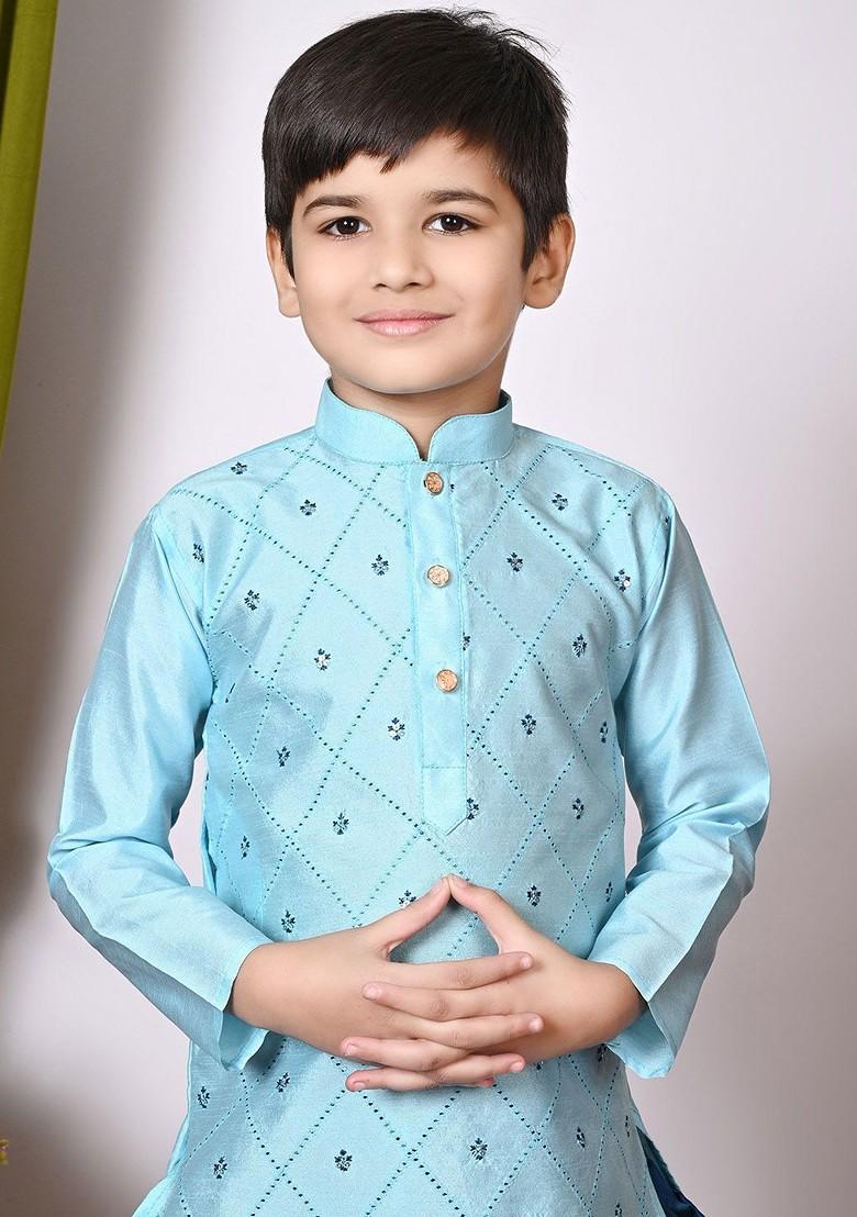 Turquoise Blue Embroidered Silk Kurta Set For Boys - Indya
