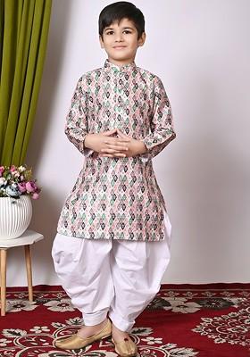 Pink Embroidered Silk Kurta Set For Boys