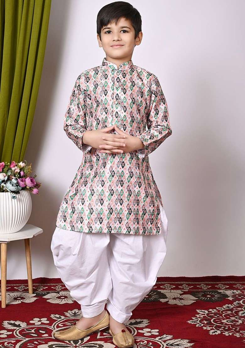 Pink Embroidered Silk Kurta Set For Boys - Indya