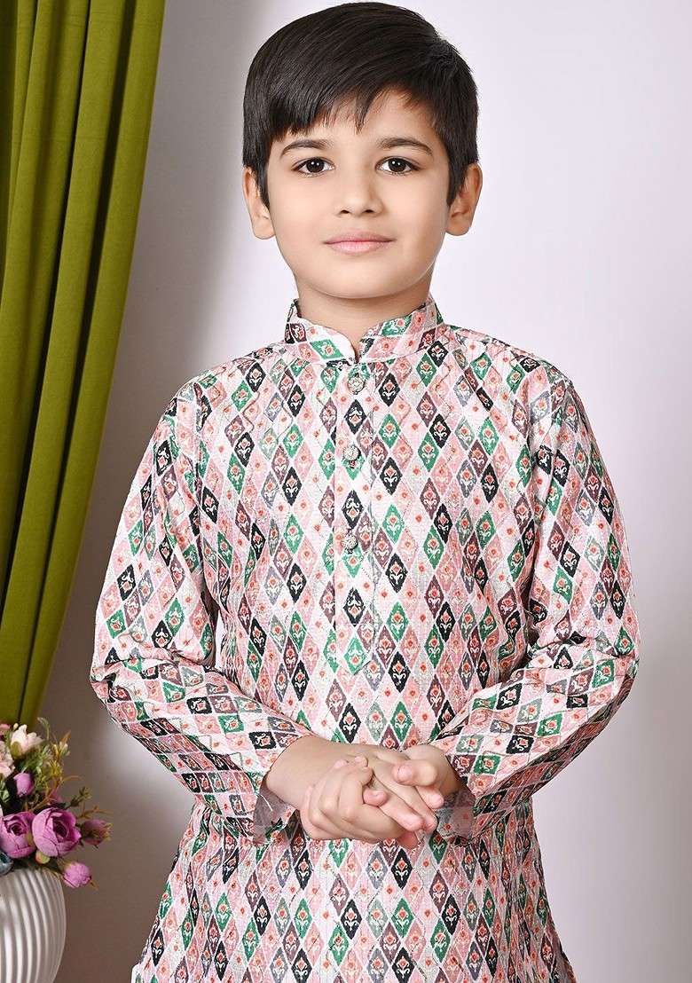 Pink Embroidered Silk Kurta Set For Boys - Indya