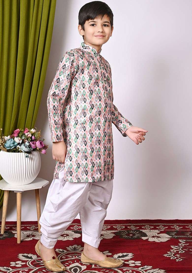 Pink Embroidered Silk Kurta Set For Boys - Indya