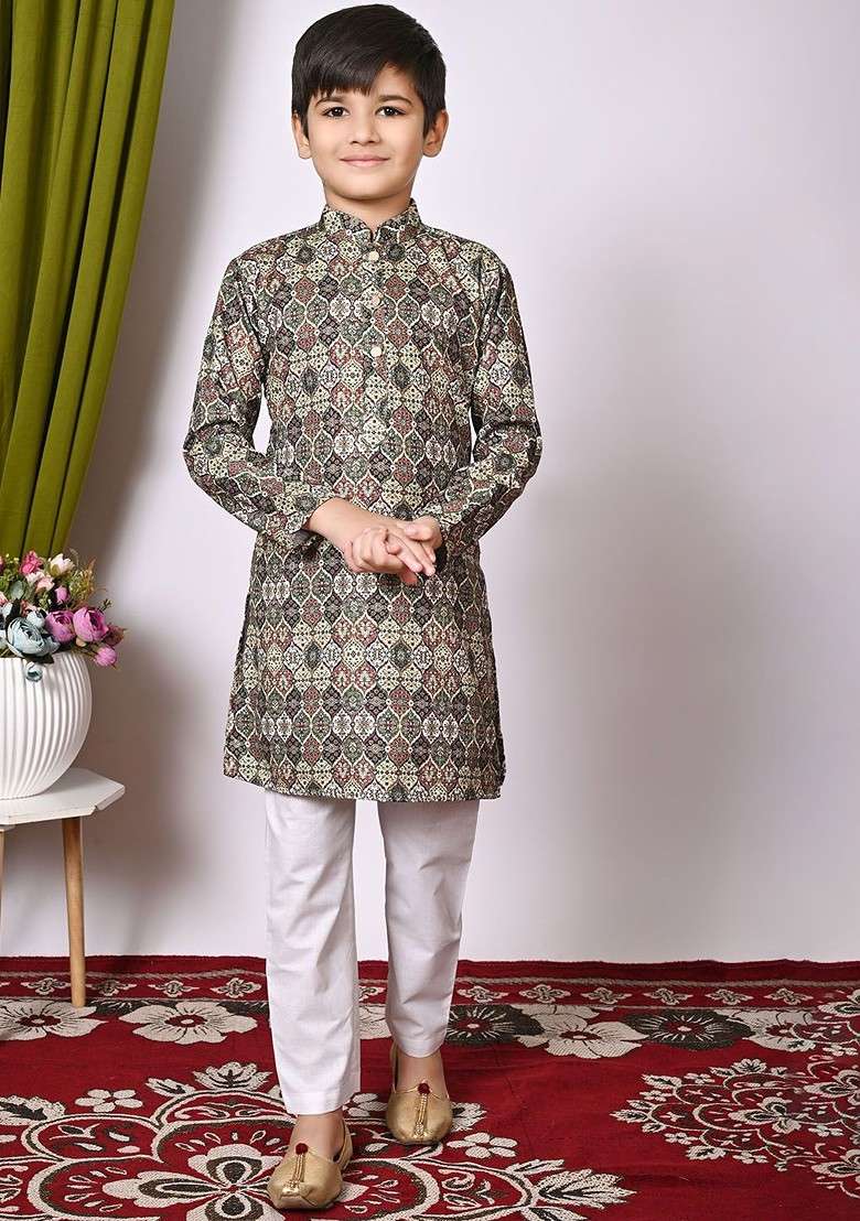 Brown Embroidered Blended Kurta Set For Boys - Indya