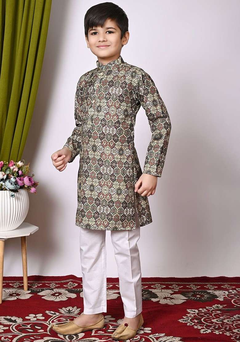 Brown Embroidered Blended Kurta Set For Boys - Indya