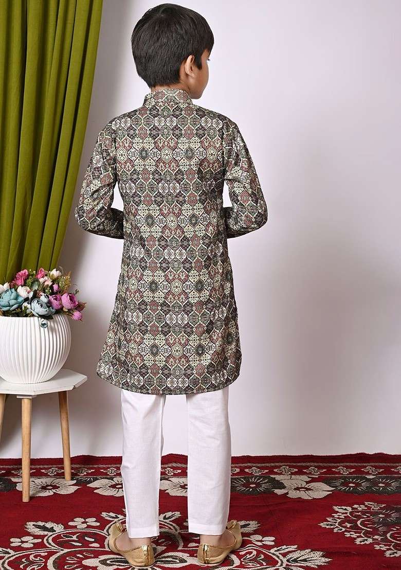 Brown Embroidered Blended Kurta Set For Boys - Indya