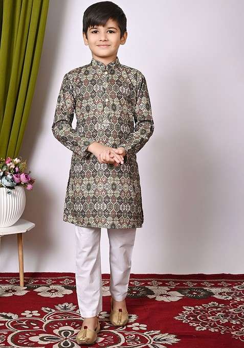 Brown Embroidered Blended Kurta Set For Boys