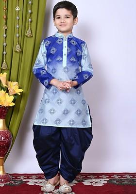Turquoise Blue Printed Silk Kurta Set For Boys