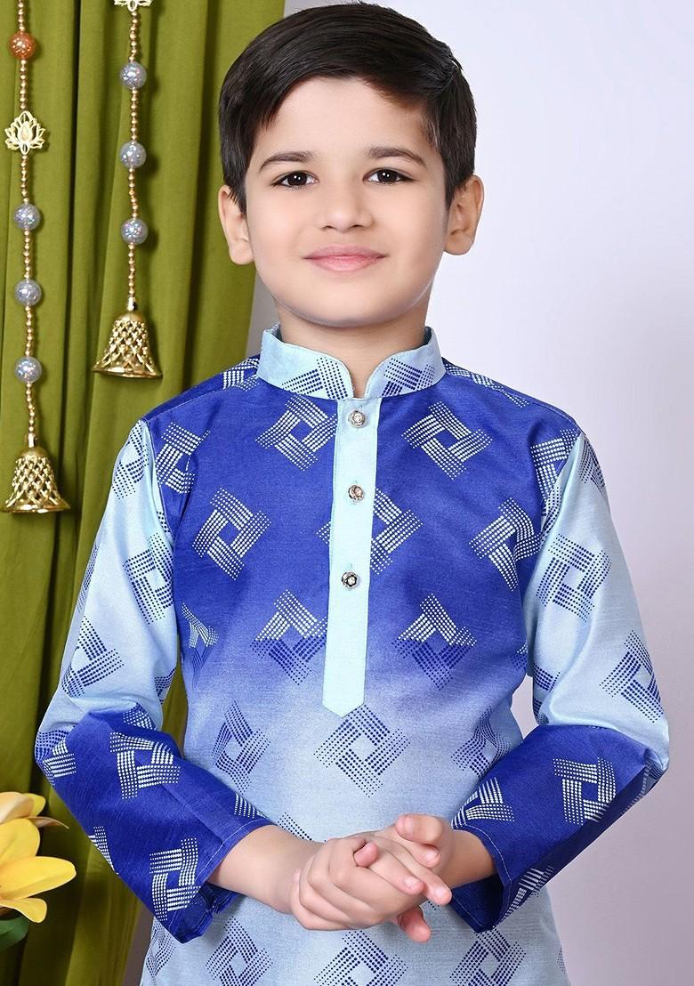 Turquoise Blue Printed Silk Kurta Set For Boys - Indya