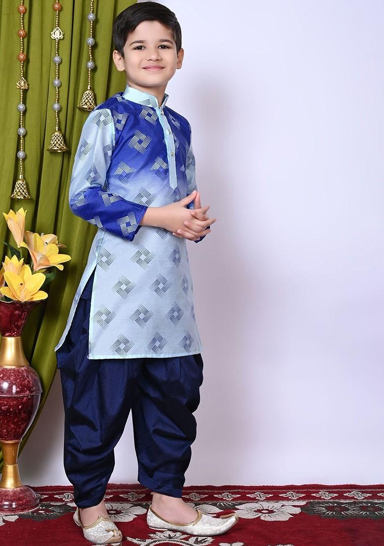 Turquoise Blue Printed Silk Kurta Set For Boys - Indya