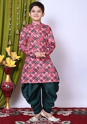 Pink Embroidered Blended Kurta Set For Boys